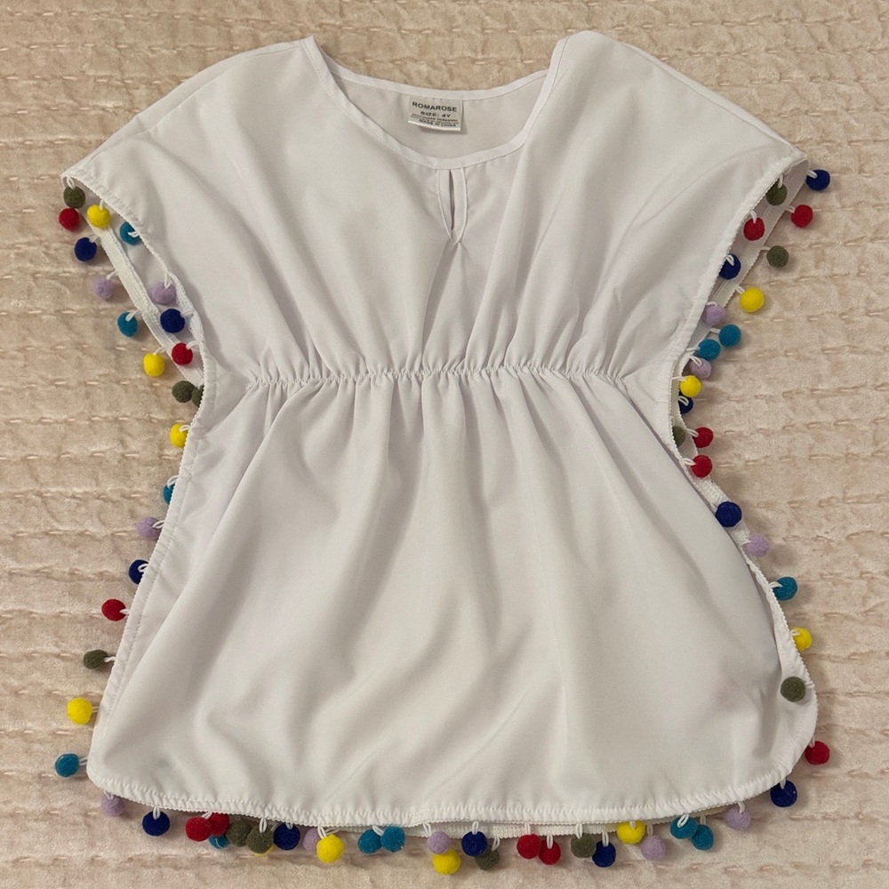 White Swim Coverup with Colorful Pom-Poms